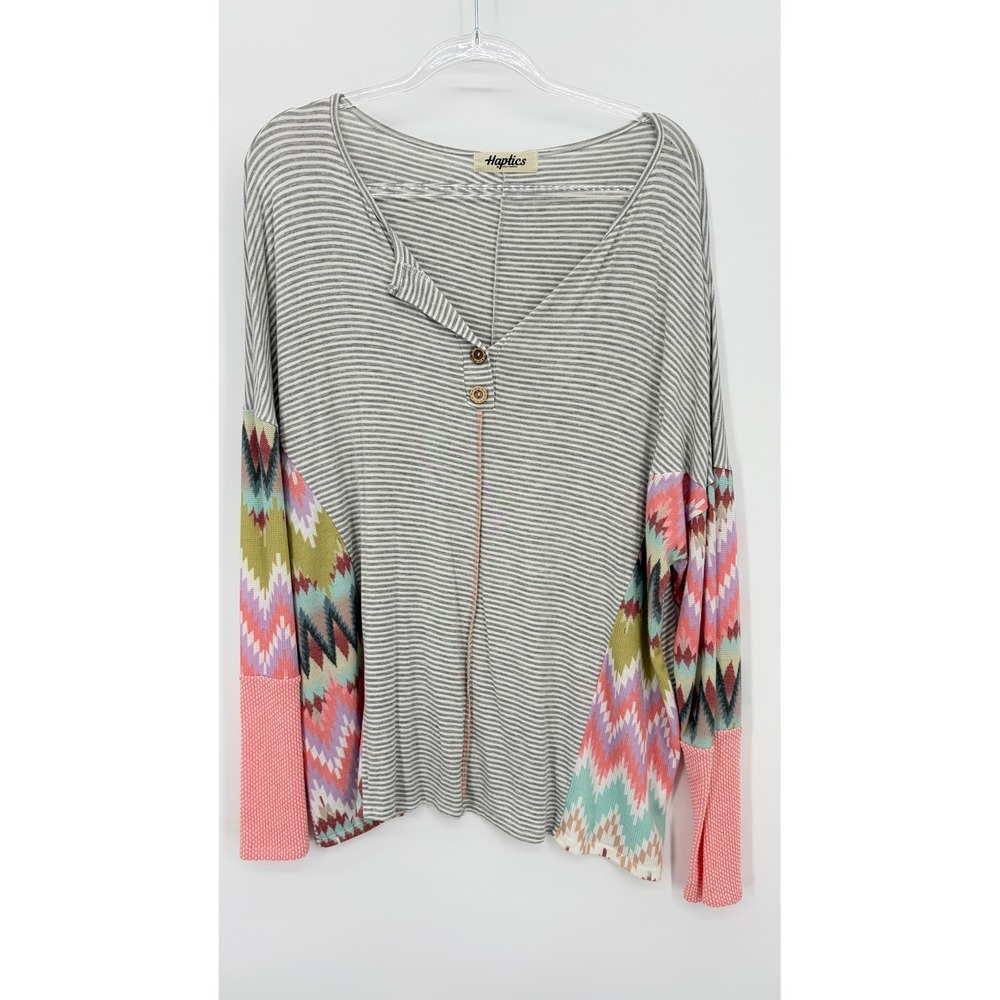 Haptics by Holly Harper Henley Top Womens 1X Gray Stripe Floral Long Sleeve